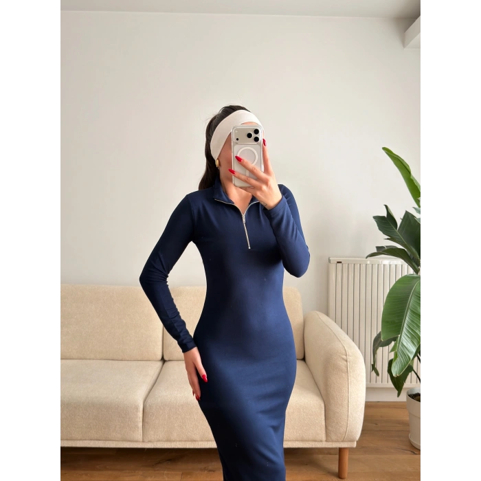 Oys Kumaş Fermuar Detay Elbise - LACİVERT