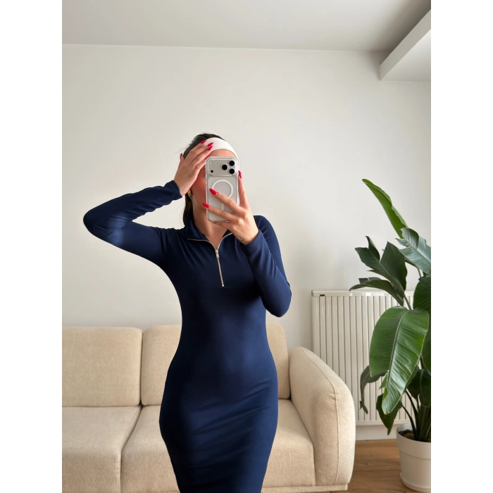 Oys Kumaş Fermuar Detay Elbise - LACİVERT