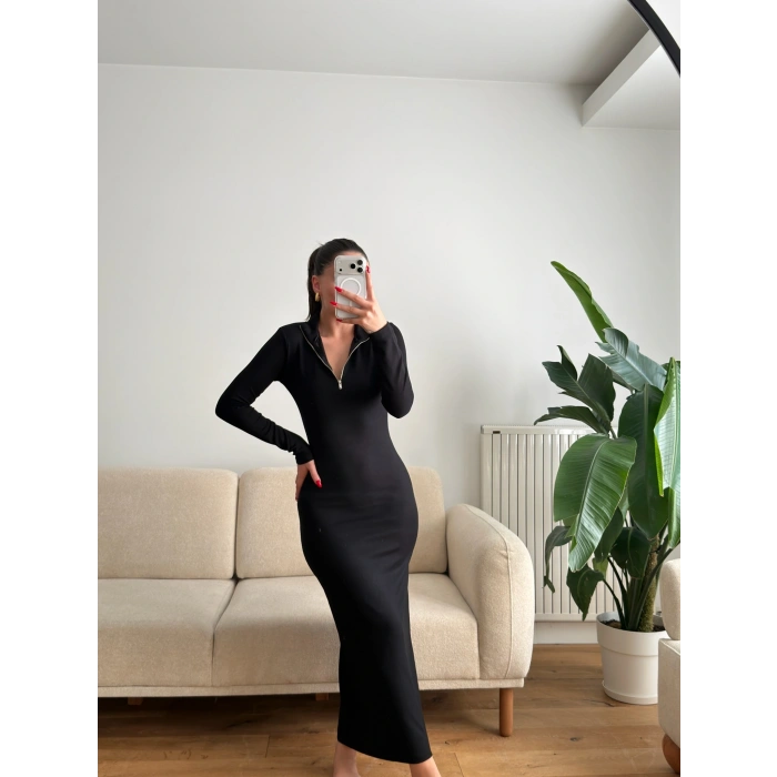 Oys Kumaş Fermuar Detay Elbise - SİYAH