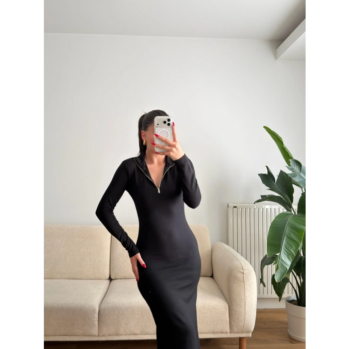 Oys Kumaş Fermuar Detay Elbise - SİYAH