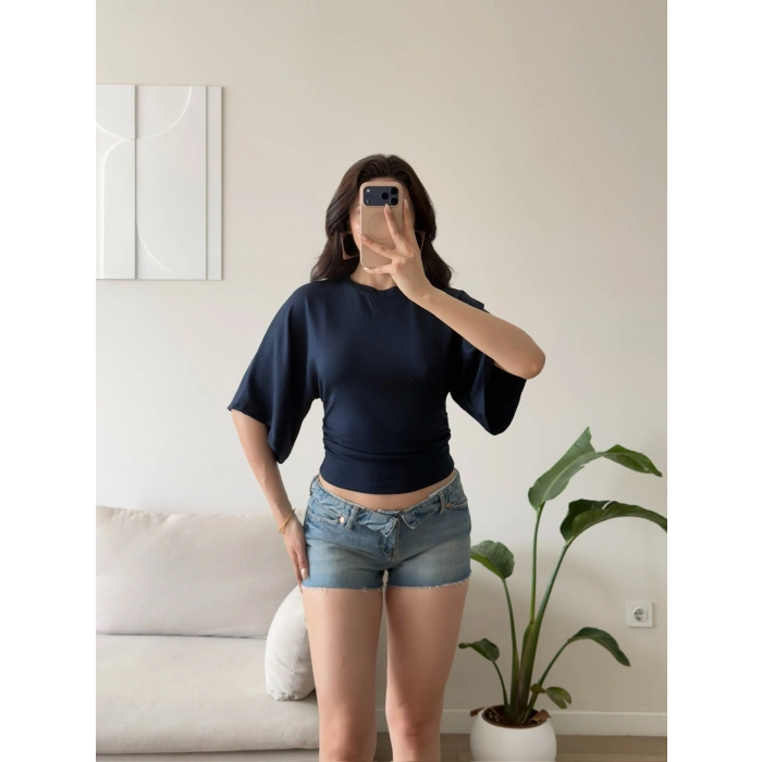 Oys Kumaş Yarasa Kol Bluz - LACİVERT