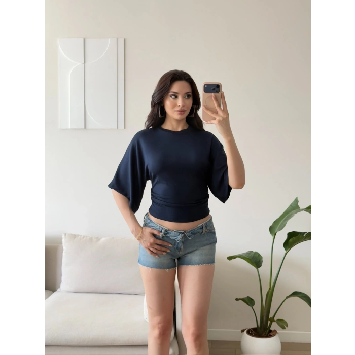 Oys Kumaş Yarasa Kol Bluz - LACİVERT