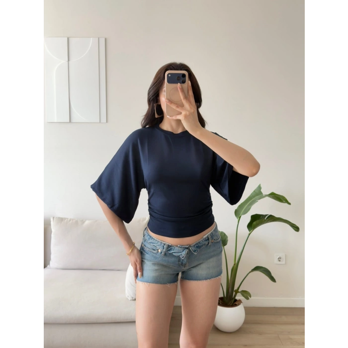 Oys Kumaş Yarasa Kol Bluz - LACİVERT