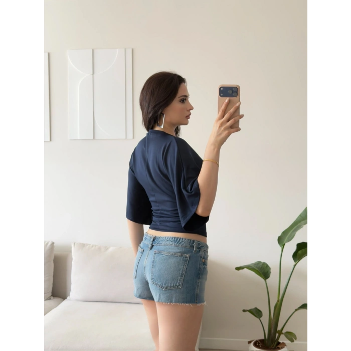 Oys Kumaş Yarasa Kol Bluz - LACİVERT