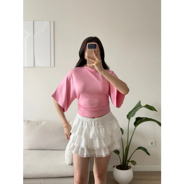 Oys Kumaş Yarasa Kol Bluz - PEMBE