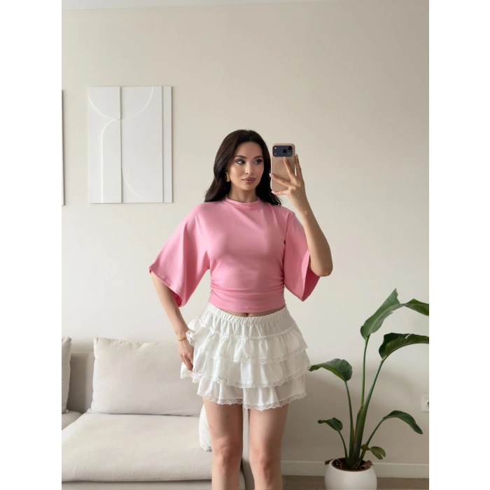 Oys Kumaş Yarasa Kol Bluz - PEMBE
