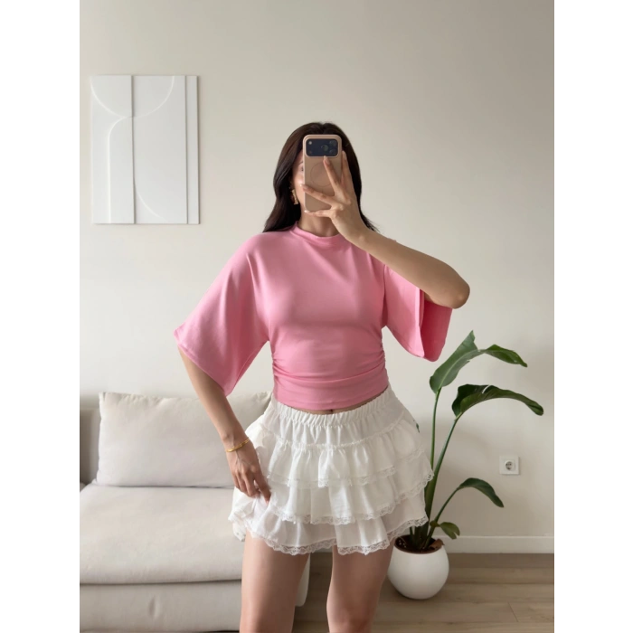 Oys Kumaş Yarasa Kol Bluz - PEMBE