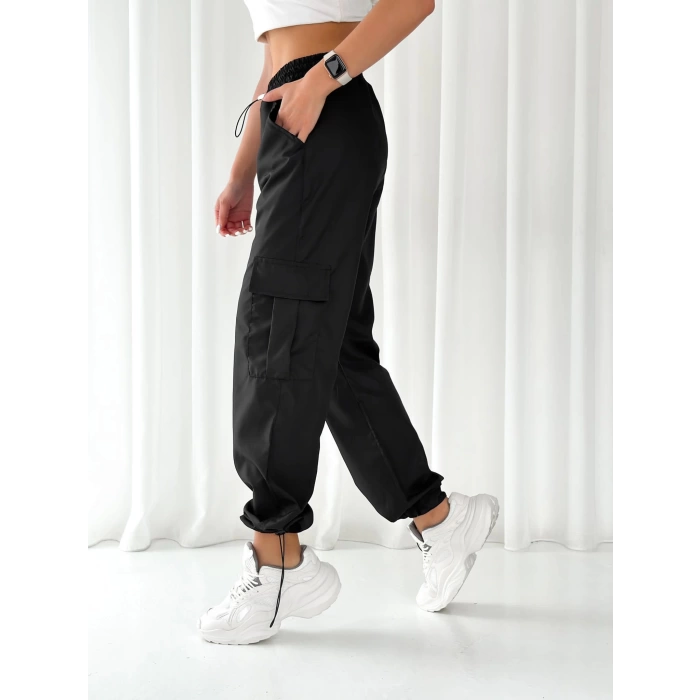 Paça Lastik Kargo Cep Pantolon-SİYAH