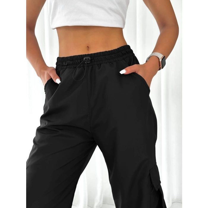 Paça Lastik Kargo Cep Pantolon-SİYAH