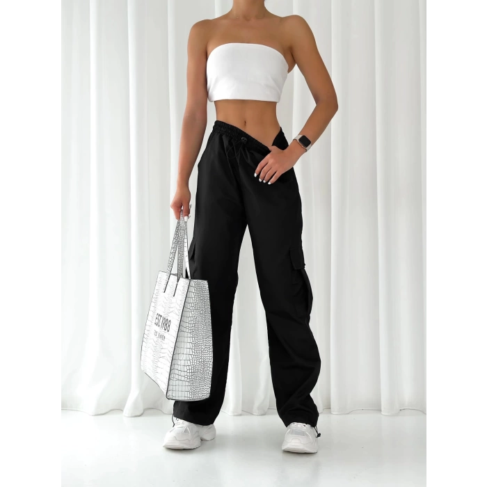 Paça Lastik Kargo Cep Pantolon-SİYAH