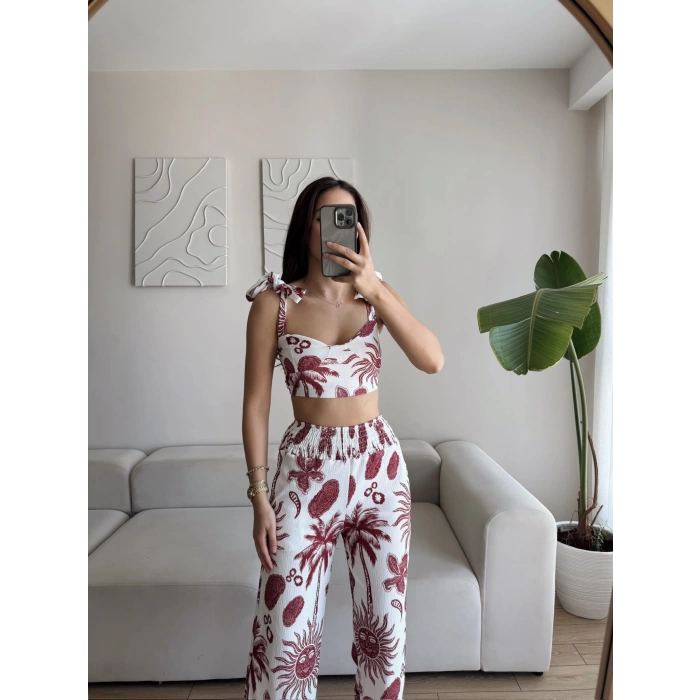 Palmiye Desen Crop Pantolon Takım - BORDO