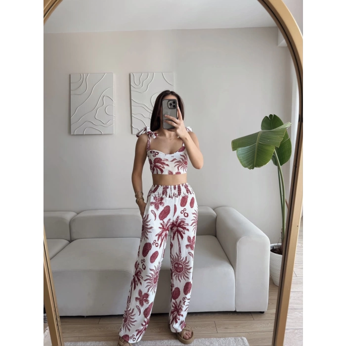 Palmiye Desen Crop Pantolon Takım - BORDO