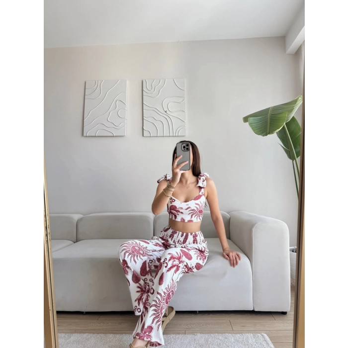 Palmiye Desen Crop Pantolon Takım - BORDO