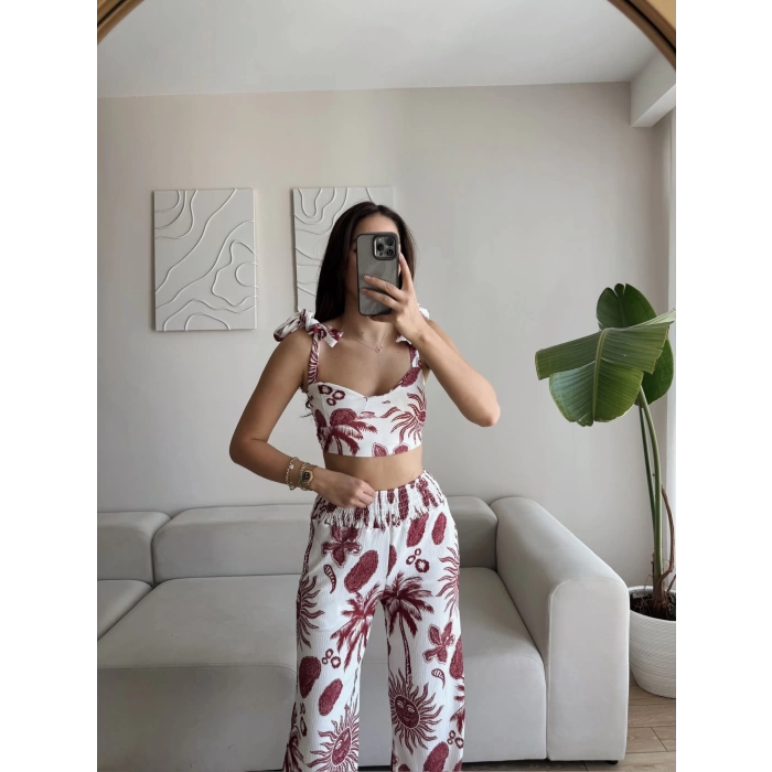 Palmiye Desen Crop Pantolon Takım - BORDO