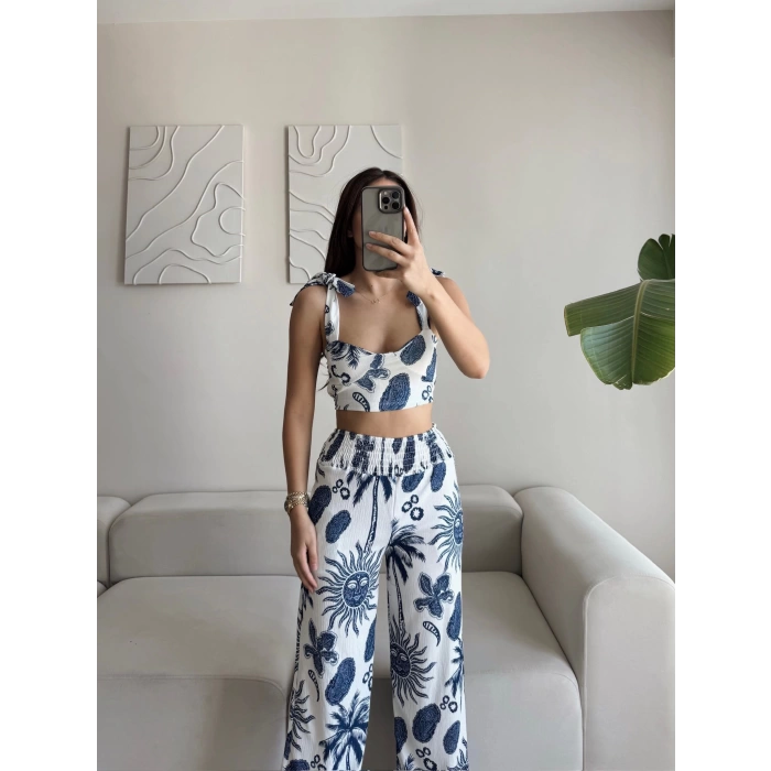 Palmiye Desen Crop Pantolon Takım - MAVİ