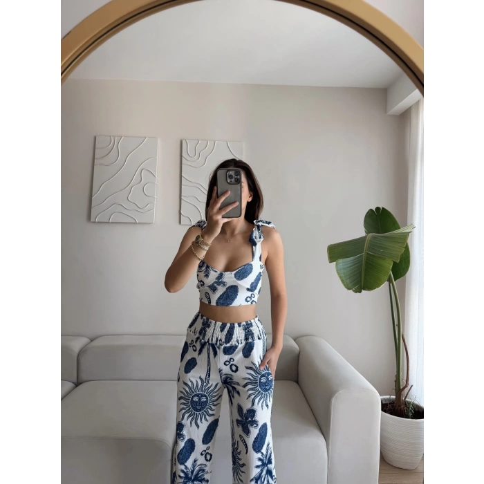 Palmiye Desen Crop Pantolon Takım - MAVİ