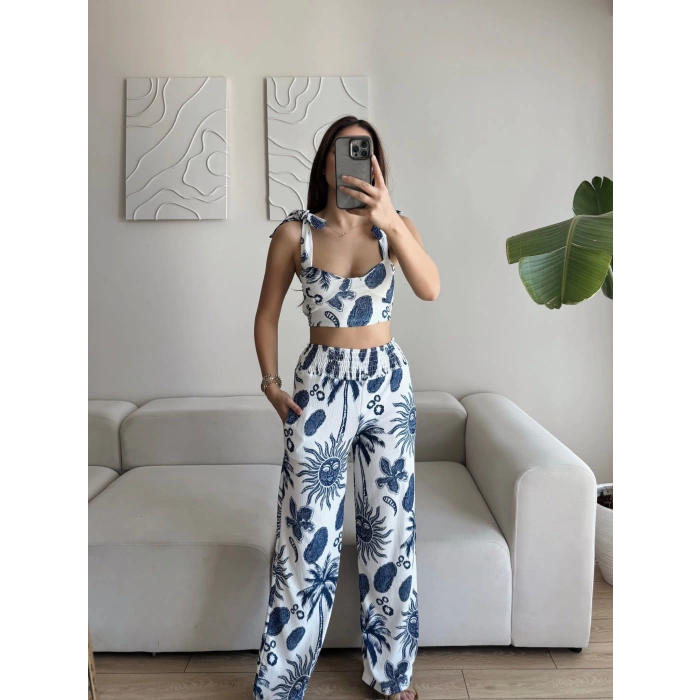 Palmiye Desen Crop Pantolon Takım - MAVİ
