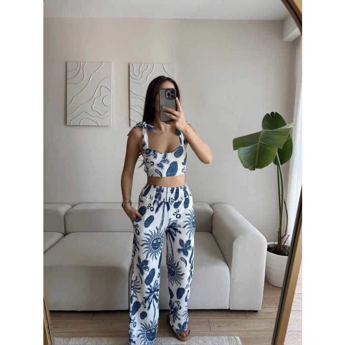 Palmiye Desen Crop Pantolon Takım - MAVİ