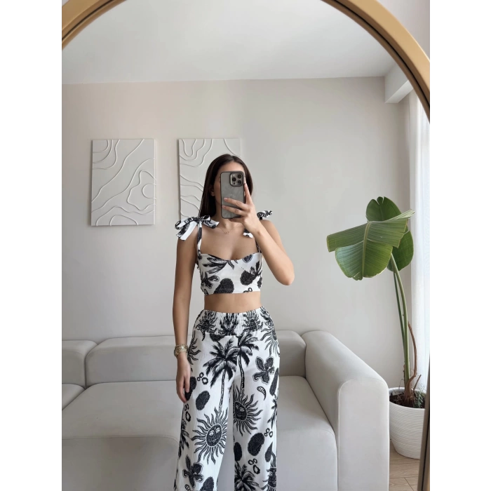 Palmiye Desen Crop Pantolon Takım - SİYAH
