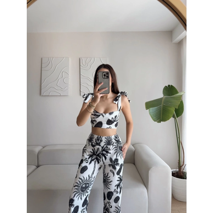 Palmiye Desen Crop Pantolon Takım - SİYAH
