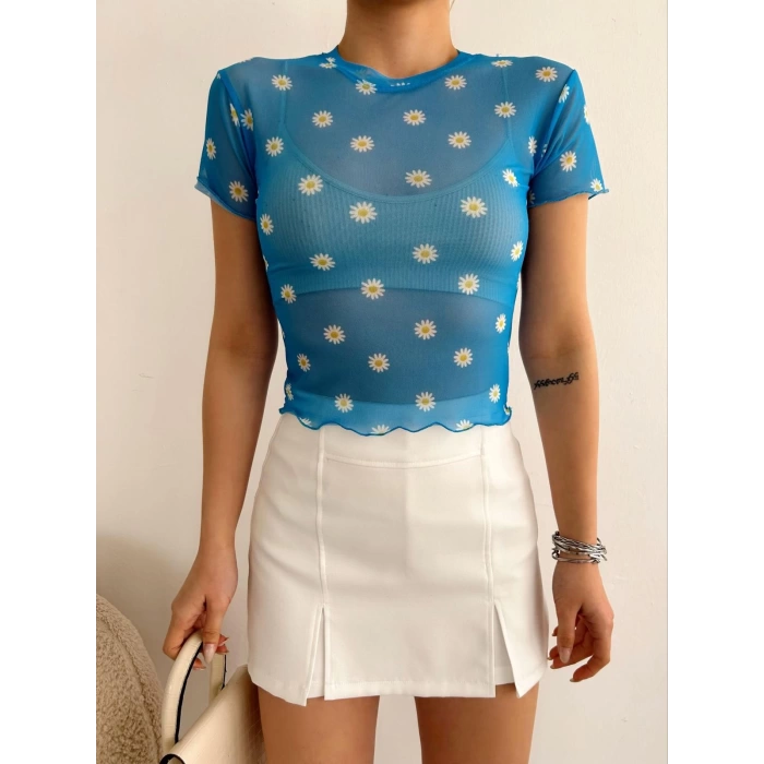 Papatya Detay Tül Crop-MAVİ