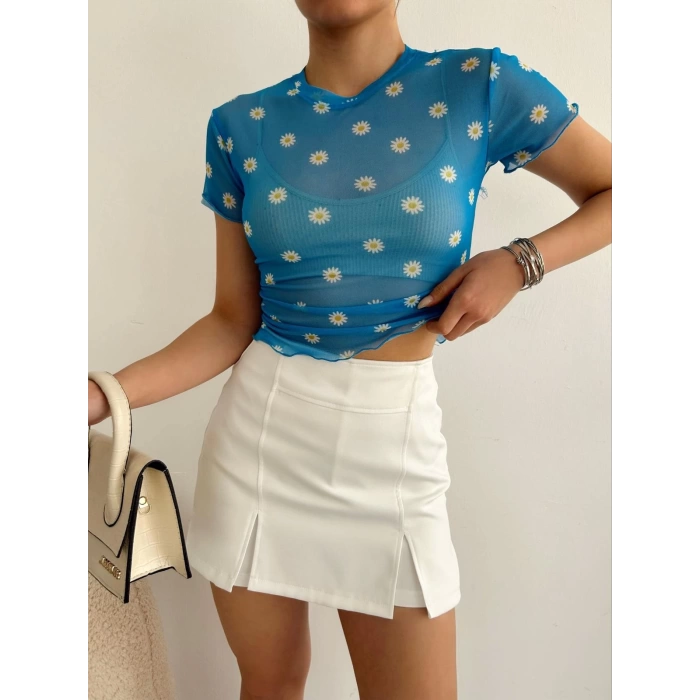 Papatya Detay Tül Crop-MAVİ