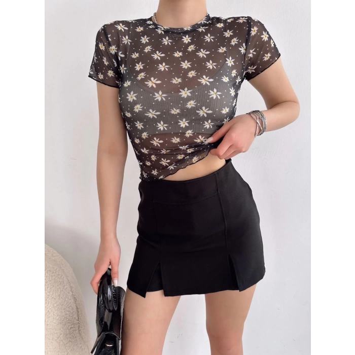 Papatya Detay Tül Crop-SİYAH