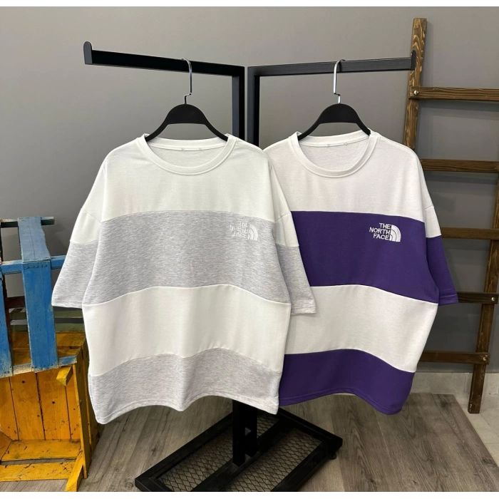Parçalı Unisex Oversize T-shirt-BEYAZGRİ