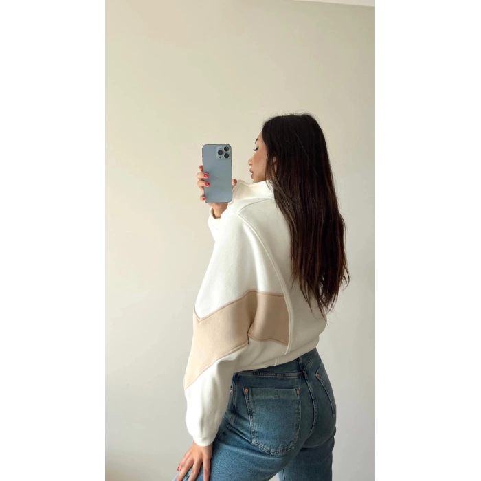 Parçalı Yarasa Kol Oversize Hırka-BEYAZ