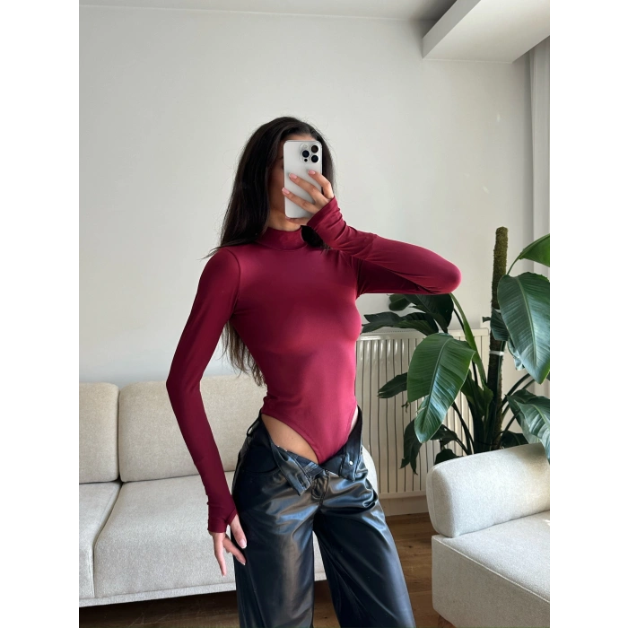 Parmak Geçmeli Balıkçı Bodysuit - BORDO