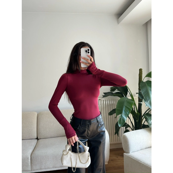 Parmak Geçmeli Balıkçı Bodysuit - BORDO