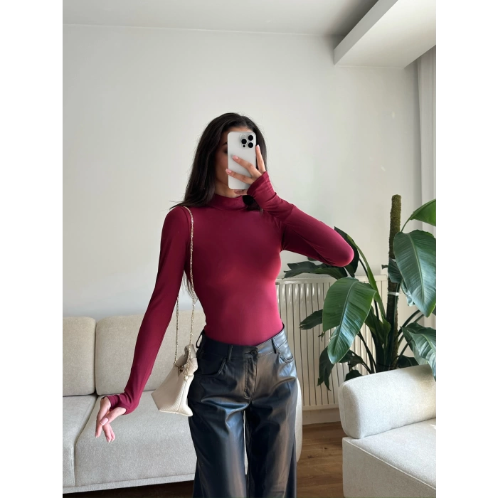Parmak Geçmeli Balıkçı Bodysuit - BORDO