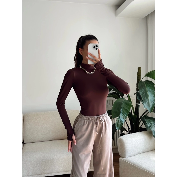 Parmak Geçmeli Balıkçı Bodysuit - KAHVE