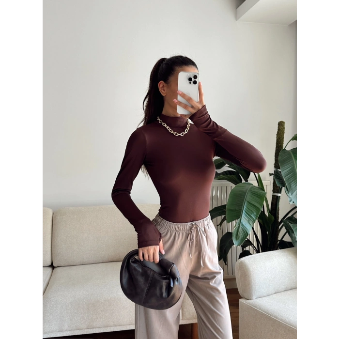 Parmak Geçmeli Balıkçı Bodysuit - KAHVE