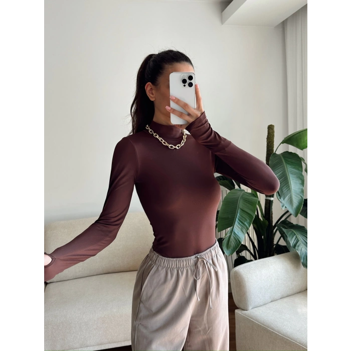 Parmak Geçmeli Balıkçı Bodysuit - KAHVE