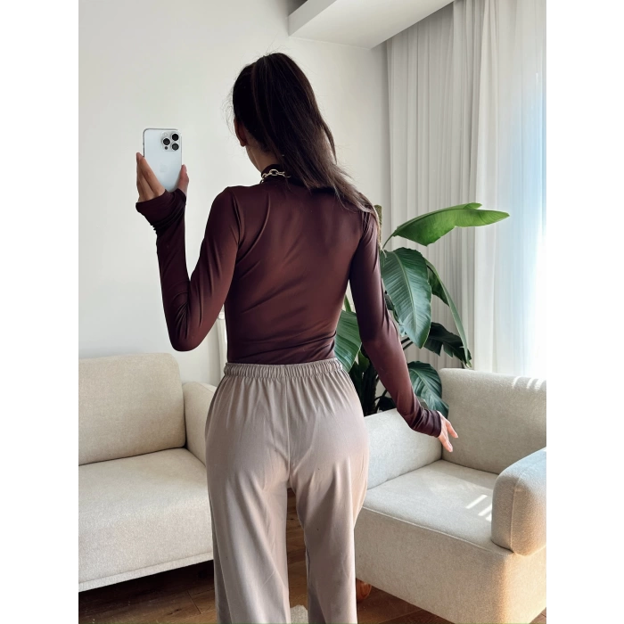 Parmak Geçmeli Balıkçı Bodysuit - KAHVE
