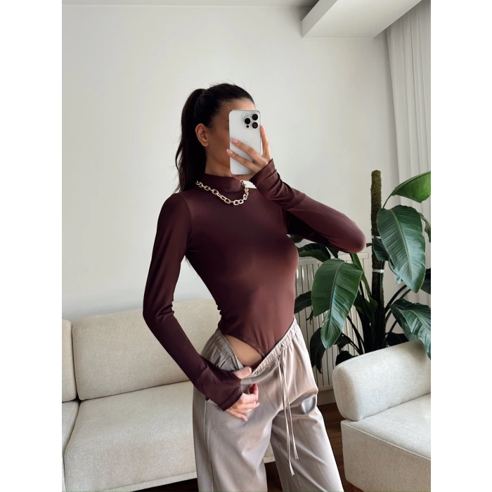 Parmak Geçmeli Balıkçı Bodysuit - KAHVE