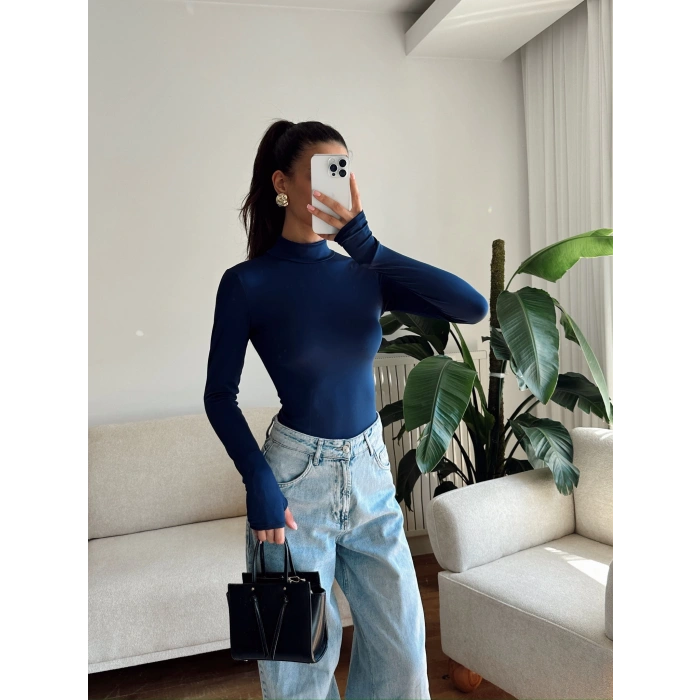Parmak Geçmeli Balıkçı Bodysuit - LACİVERT