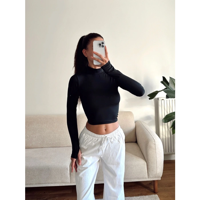 Parmak Geçmeli Balıkçı Crop - SİYAH