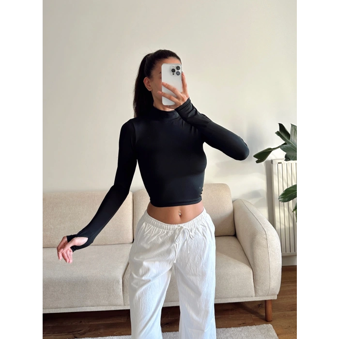 Parmak Geçmeli Balıkçı Crop - SİYAH