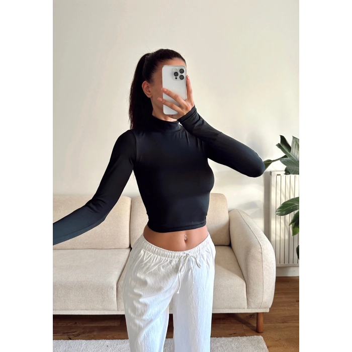 Parmak Geçmeli Balıkçı Crop - SİYAH