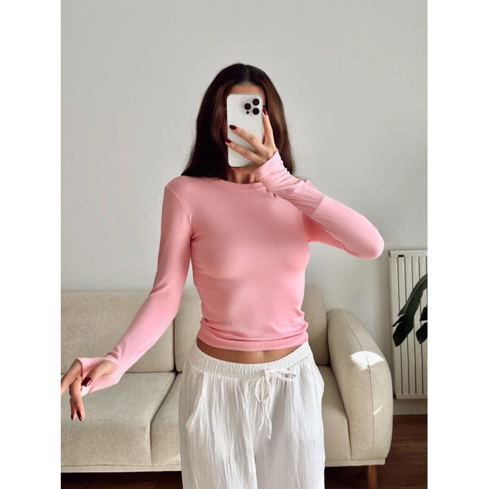 Parmak Geçmeli Basic Crop - PEMBE