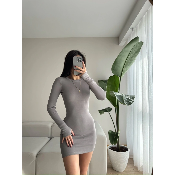 Parmak Geçmeli Basic Elbise-GRİ