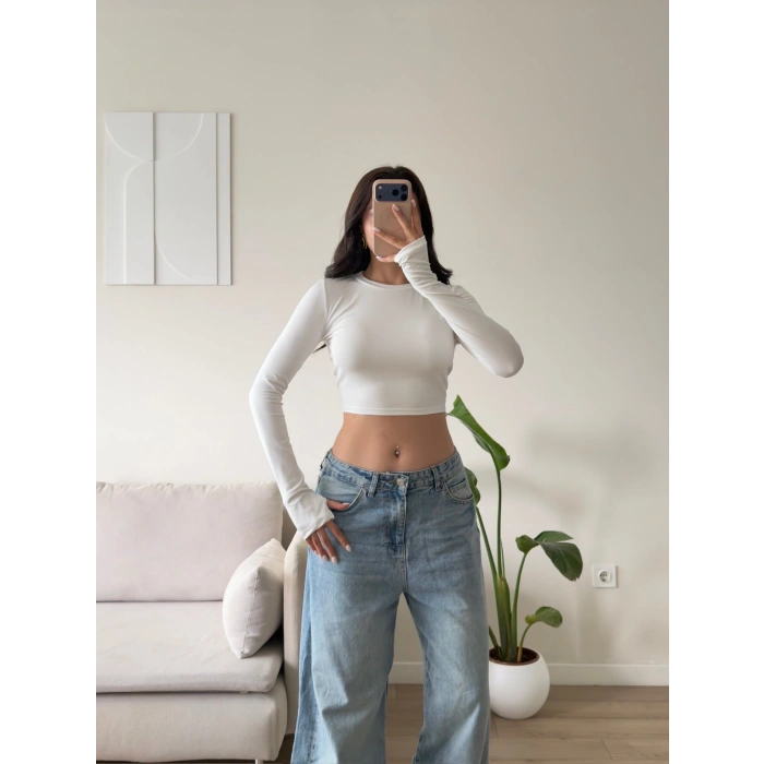 Parmak Geçmeli Bisiklet Yaka Crop - BEYAZ