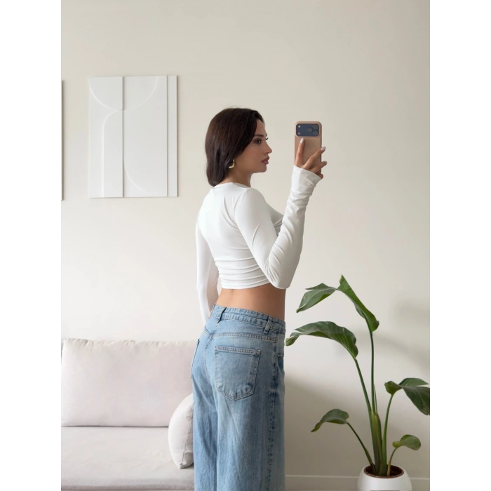 Parmak Geçmeli Bisiklet Yaka Crop - BEYAZ