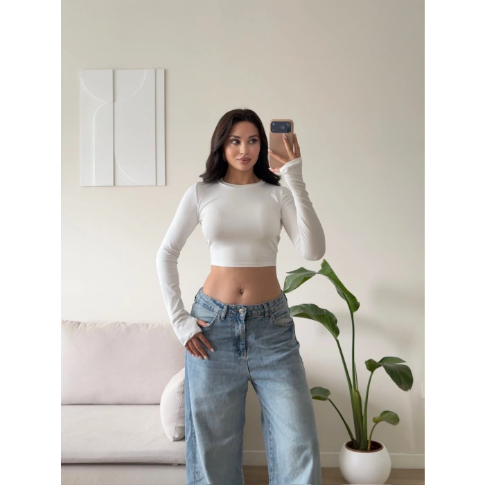 Parmak Geçmeli Bisiklet Yaka Crop - BEYAZ
