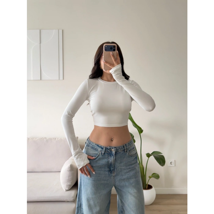 Parmak Geçmeli Bisiklet Yaka Crop - BEYAZ