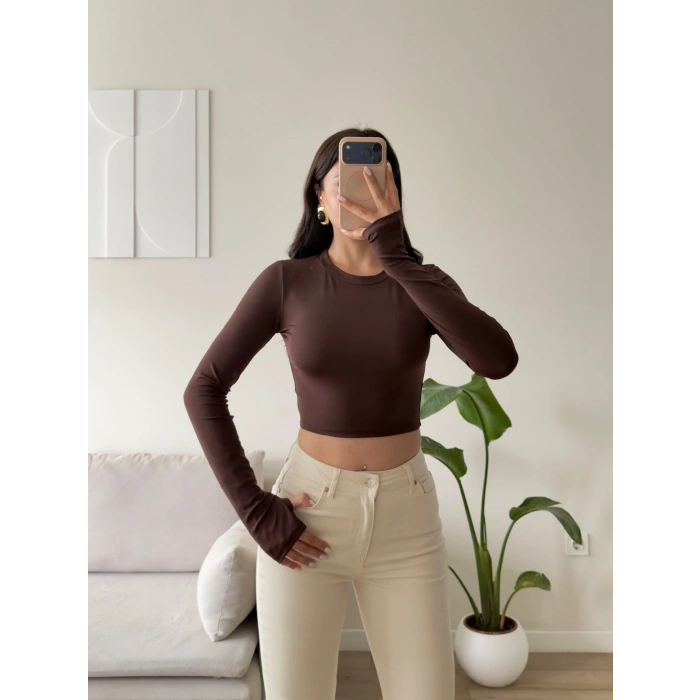 Parmak Geçmeli Bisiklet Yaka Crop - KAHVE