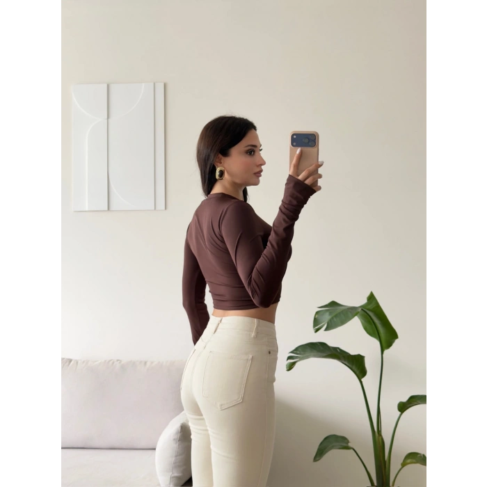 Parmak Geçmeli Bisiklet Yaka Crop - KAHVE