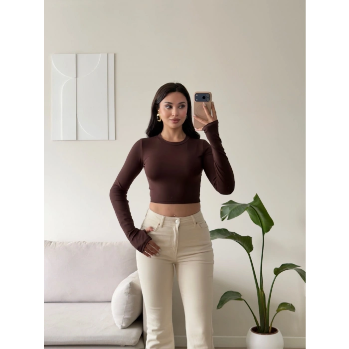 Parmak Geçmeli Bisiklet Yaka Crop - KAHVE